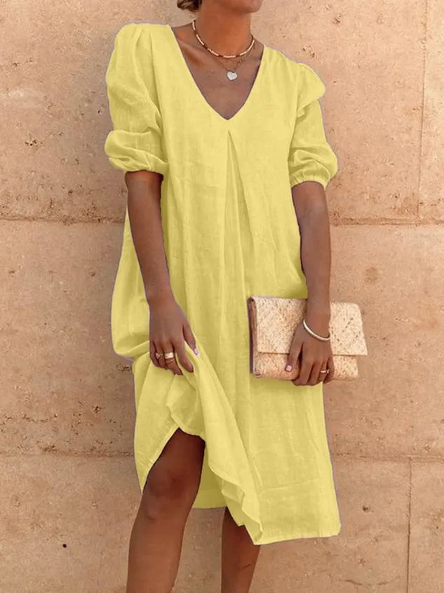3/4 Sleeve Plain Casual Cotton Midi Dress
