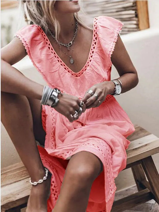 Short Sleeve Cotton-Blend V Neck Plain Dress