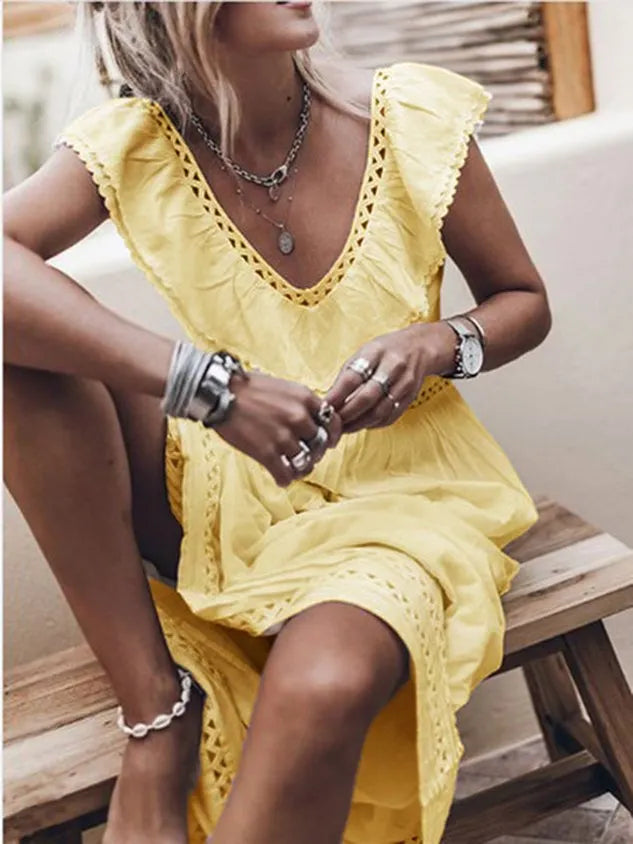 Short Sleeve Cotton-Blend V Neck Plain Dress